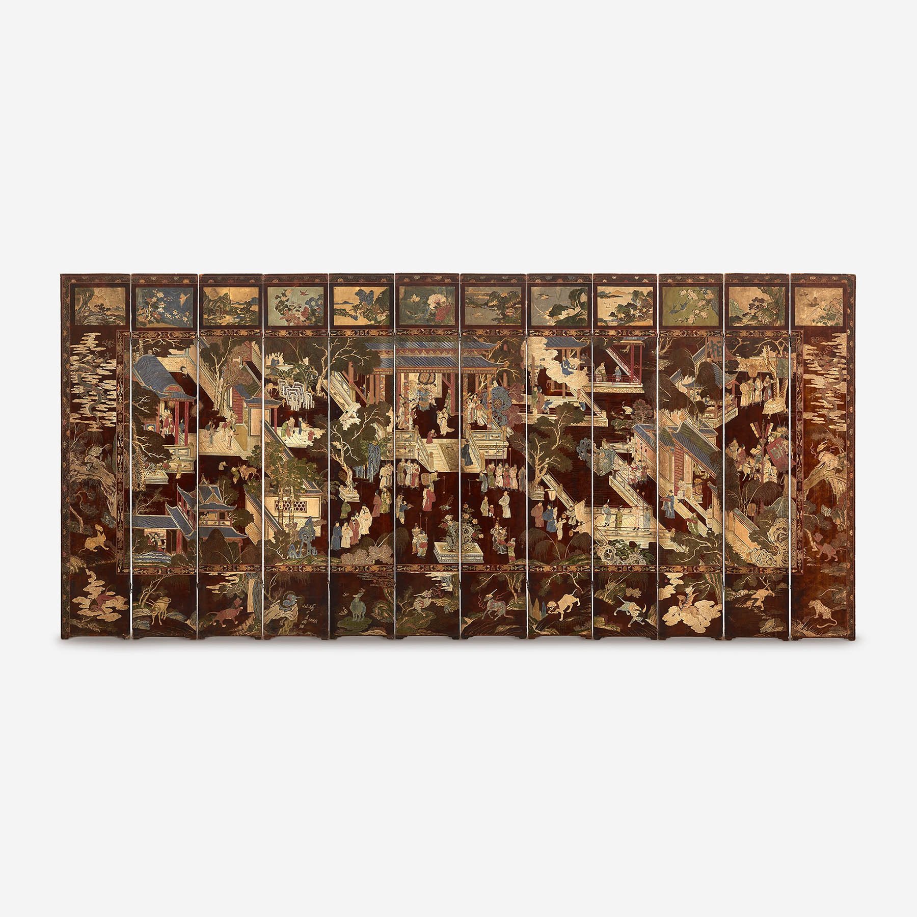 Chinese carved twelve-panel “Coromandel” folding screen